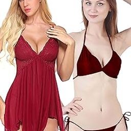 Babydoll Nightwear Lingerie with Matching Panty, Bra Panty Set for Women, Honeymoon Dress for Women Small to 3XL-image-32