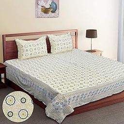 YOKSH Handlooms - Premium Jaipuri 100% Cotton 240 TC|SuperKing Jumbo Size 120x120 INCH,10x10 FEET,304 CM|Sides-Stitched Flat BEDSHEET|2 Zipped Pillow Covers|AZO-Free Colors (Yellow Circles 1202)-image-2