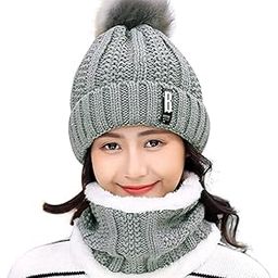 Woven Winter Soft Warm Snow Proof Pom Cap Inside Fur Woolen Beanie Cap with Scarf for Women's & Girl's Free Size - Grey-image-1
