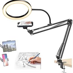 BROLAVIYA Overhead Video Stand with 10-inch Ring Light, Metal arm Body,1/4" Ball Head for Camera,Webcam,Gopro, with Mobile and Tablet Bracket for Overhead Video,Desktop,Bedroom, Office.-1
