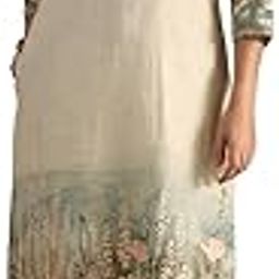 Womens Beige Linen Floral Print Kurta with Beads and Stones-image-2