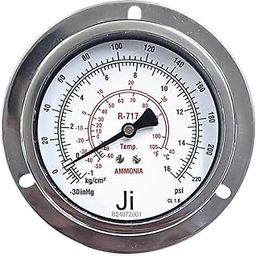 "JI" Japsin Instrumentation Economical Ammonia Gauge, 4" (100 mm) Dial, Range -30 inHg to 225 PSI with a Dual Scale of -1 to 16 Kg/cm2, Panel Mounting Back Entry, 3/8" BSP (M) Connection, SS Body-10