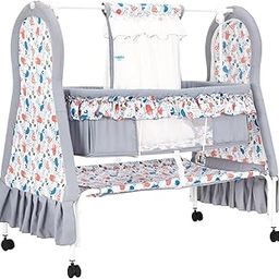 Amazon Brand - Supples Baby Premium Cradle with Swing & Mosquito Net | for 0-8 Months Baby | Four Wheels with Brakes | Swing Lock & Storage | Sturdy & Safe | Blue & Grey-picture-14