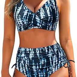Women High Waisted Bikini Twist Front Swimsuits Lace up Bikini Tops Ruched Push up 2 Piece Bathing Suits-image-41