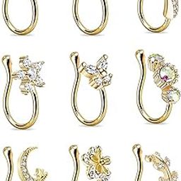 9Pcs Fake Nose Rings Hoop for Women Faux Cartilage Tragus Ring Nose Cuff Non Piercing Jewelry Set-image-68