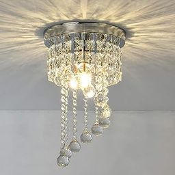 WOKE 8inch Round Small Crystal Chandelier, Modern S-Shaped Raindrop Flush Mount Light Fixture, E-27 Chrome Beaded Decoration Chandelier for Bedroom, Hallway, Living Room, Kitchen, Dining Room-image-22