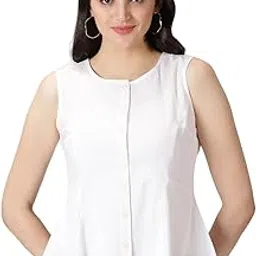 saffron threads White Cotton Linen Button-Down A-Line Top | White | M |-picture-19