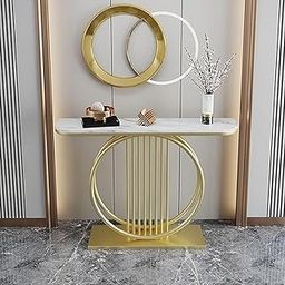 IronKaar Decorative Gold and White Circular Console Accent Table, Metal Frame and Wood Sofa Side Table with Antique Finish End Coffee Table for Living Room-image-65