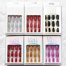 6 Different Color Combo Set of 144 Tips Press on Glitter Artificial Nails For Girls Extension Kits Combo Pack | Perfect for Kids,Women | Trendy Colors Lavender, Rose gold, Golden, Maheron, Cute Red, Silver White| Budget-Friendly Beauty Nail Fashion-image-91