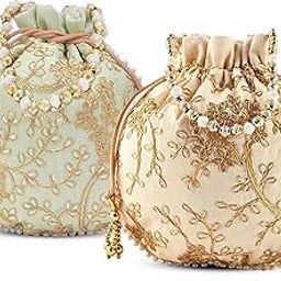 Kuber Industries Pack of 2 Potli Bags for Ladies & Girls | Shagun Pouches for Festive Seasons | Embroidery Batwa Bag Bridal Purse -Cream & Green-47
