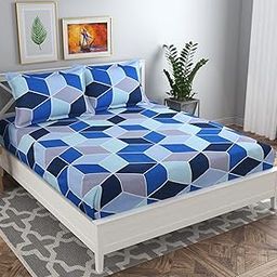 BSB HOME Premium Double Bedsheet with 2 Pillow Covers - 160 TC Supersoft Glace Cotton - Breathable & Wrinkle Free - 3 Pcs Set | Light Grey & Yellow Striped-image-70