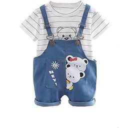 Blended Stripe Bear Panda Friends Cute Cartoon Print Half Sleeve Kid's T-Shirt With Dungaree Bibshorts For Baby Boy's & Girl-image-43