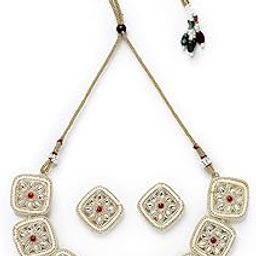 Ravishing Gold Plated With White Kundan Studded Collar Bone Necklace Set With Studs Earrings | Jewellery Set For Women And Girls (NS105825)-image-72