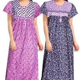 Permium Combo Cotton Long Half Sleeve Printed Nighty for Women-Pink-Sky-picture-21