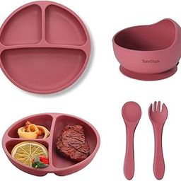 Tony Stark Baby Feeding Set, Silicone Tableware Kit for Baby, Bowl, Fork, Spoon & Suction Plates for Baby (Dusty Pink)-17