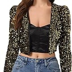 Women's Sequin Shrug Open Front Collarless Glitter Sparkly Crop Blazer Jacket-16