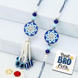 eCraftIndia Floral Evil Eye Designer Rakhis for Brother and Bhabhi | Bhaiya Bhabhi Rakhi Set of 2 | Lumba Rakhi | Best Bro Ever Fridge Magnet | Roli Chawal Pack-11