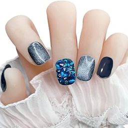 Secret Lives® acrylic designer cats eye artificial extension fake false press on nails blue short 3D blue 24 pieces set with manicure kit-34