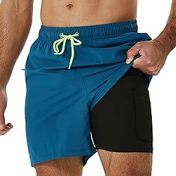 Mens Swimming Trunks with Compression Liner 2 in 1 Quick-Dry Swim Shorts with Zipper Pockets, Blue, XX-Large-picture-8