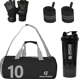 Combo Set of Duffle Polyester Bag with Shaker Bottle-500ml, Gloves & Wrist Band (Black 10)-47