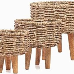 Zaidinox Jute Planter with Wooden Legs, Set of 3, Natural Woven Nesting Containers-image-89