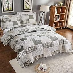 Patchwork Quilt Set Full/Queen Size 3-Piece Plaid Bedspread Coverlet Bed Cover with 2 Shams Lightweight Soft Bedding Set for All Seasons (Gray White)-image-59