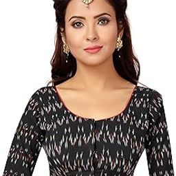 Women's Readymade Ikat Print Black Pure Cotton Saree Blouse with Elbow Length Sleeves-23
