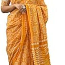 Women's Ikat Hand Block Print Jaipuri Cotton Mulmul Saree with Blouse Piece-image-1