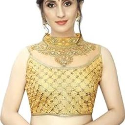 Women's Stand Collar Readymade Silk Embroided Sleeveless Padded Saree Blouse with Elegant Design | Stylish Comfortable Fancy Blouse for Lehanga/Saree (Free Size)(Golden Yellow)-image-17