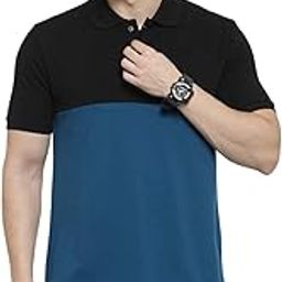 Men's Dual Colour Half Sleeves Polo Neck Cotton Blend T-Shirt(Teal::Black)-image-80