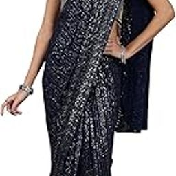 aurelia Women's Silver and Blue Sequin Embellished Crop Top and Pre-Stitched Saree Set-picture-47