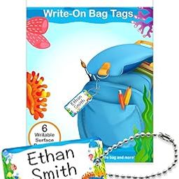 Child ID Bag Tags, Write-On Kids Name Tags for Backpack, Lunchbox & Diaper Bag, Great for Preschool & Daycare, Pack of 6 (Blue Ocean)-12