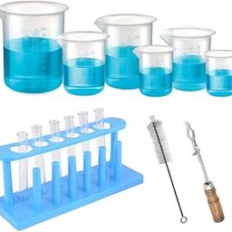 Bello Combo Pack of 15 Lab Products | Plastic Beaker 25ml to 1000ml, Test Tube Stand, Holder & Cleaning Brush with Test Tubes 15X125MM (6 pcs) for School Collage Chemistry-11