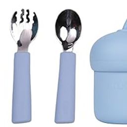 tudd Baby Grip Set Stainless Steel & Silicone Utensils for Kids | Blue with Mini Sip | Spill-Proof Silicone Straw Cup for Kids | Blue-image-52
