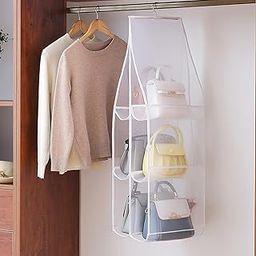 wolpin 6 Pocket Foldable Handbag Organisers Cover Dustproof Wardrobe Storage Purse Organiser Hanging (90 x 35 cm), White, Non Woven Fabric-2