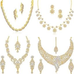 Sparkling Gold Plated Wedding Jewellery Austrian Diamond Set of 4 Necklace Combo for Women (SKR48715)-image-48