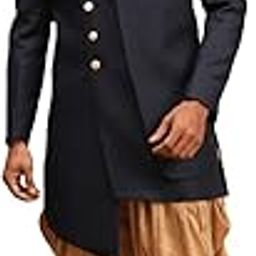Men's Navy Blue Cotton Blend Sherwani Only Top | Trend setting Men's Indowestern Style Asymmetric Sherwani made of imported suiting fabric with double flap And Golden Buttons.-picture-51