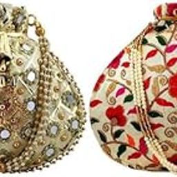 Gems & Jewellery Gold Potli Wristlets Ethnic Potli For Women's | Designer Rajasthani Style Royal Clutch Silk Batwa | Zari Work Potli | Bridal Potli | Potli Bags-image-74