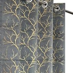 Chanda Creations Velvet Curtains Gold Foil Chinar Print, Heavy Quality Fabric Set of 2, 7Ft Door Curtain Metal Rings, Washable Grommet Panel Living Room Bedroom Office Decor, 4x7 Feet (Grey)-image-49