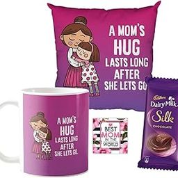 YaYa cafe� Mother's Day Chocolate Gifts Combo for Mom Hug Lasts Long After She Lets Go Mug, Cushion Cover, 1 Dairy Milk Silk Chocolates 60 gm, with Coaster-image-44