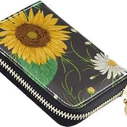 Vintage Sunflowers White Black RFID Credit Card Wallet, Microfiber Leather Zipper Card Case Holder for Women-image-82