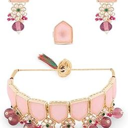 Pink Green Stones Beads Kundan Choker Necklace Earring & Ring Set For Women-ZPFK15446-image-50