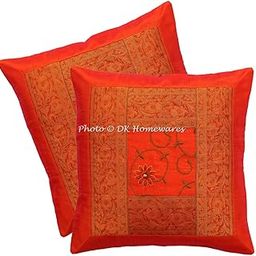 DK Homewares Polydupion Silk Embroidered Sofa Diwan Cushion Covers 40x40 cm Living Room Decor Brocade Patchwork Floral Ethnic Decorative Pillowcases (16 x 16 inches; Orange) - Set of 2 Pcs-image-59