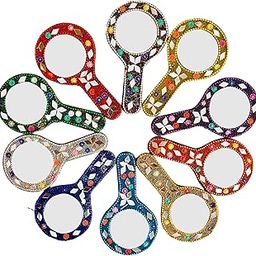 SAARTHI Decorative Markup Mirror | Wooden Decorative Hand Mirror for Ladies |Handheld Mirror| Portable Mirror | Multicolour Lak Hand Mirror, Set of 10 (Round, Framed)-image-4