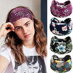 Proberos® Wide Headbands for Women, Boho Bandeau Head Bands, Workout Head Wraps, Stretch No Slip Hair Wraps Pack of 4 (Flower)-image-6
