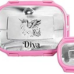 LADOBA Personalized Stainless Steel Lunch Box Pink Color Spoon Fork & Small Steel Dabbi Name & Cartoon Printed Dish- Customized Gift for Kids Boy Baby Girl- Name & Favorite Cha-image-51