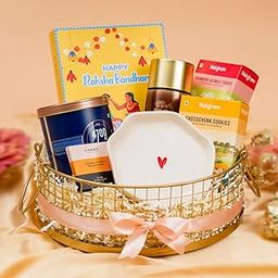The Zappy Box Rakhi Gourmet Delights Gift Basket | Chocolate Box, Cookies, Popcorn, Filter Coffee, Heart Ceramic Plate & Greeting Card in Golden Zappy Basket | Raksha Bandhan Gift Hamper | Qty:1-image-3