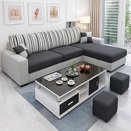 CASASTYLE Lano 4 Seater Fabric RHS L Shape Sofa Set with 2 Puffy (Dark Grey-Light Grey)-image-13