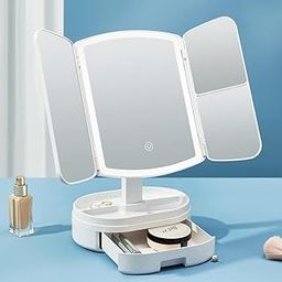 DROZIP Lighted Makeup Vanity Mirror with Cosmetic Drawer Organizer Foldable DIY Makeup Mirror for Travel Bedroom Living Room 180° Adjustable Rotation-image-76