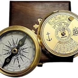 AH Enterprises Antique Brass Nautical Compass with Calendar Lid, Maritime Navigation Tool, Decorative Wooden Box-image-18